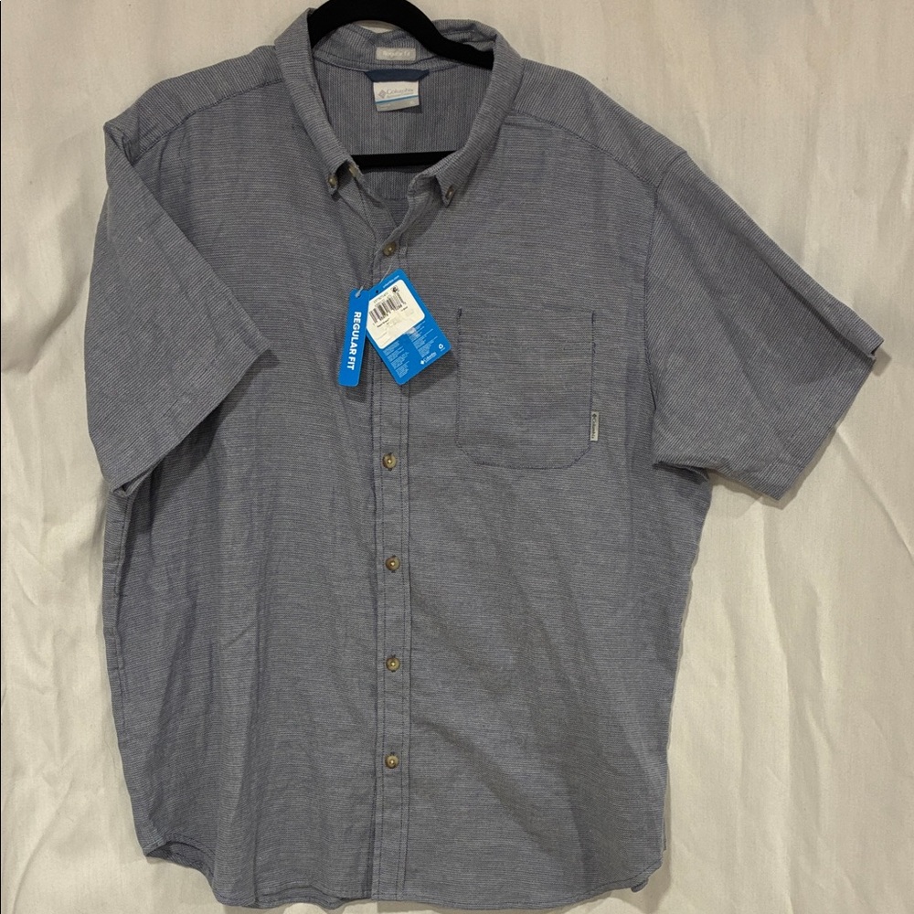 Columbia Blue White Checked Button Down Shirt Athleisure Active Golf Casual NWT